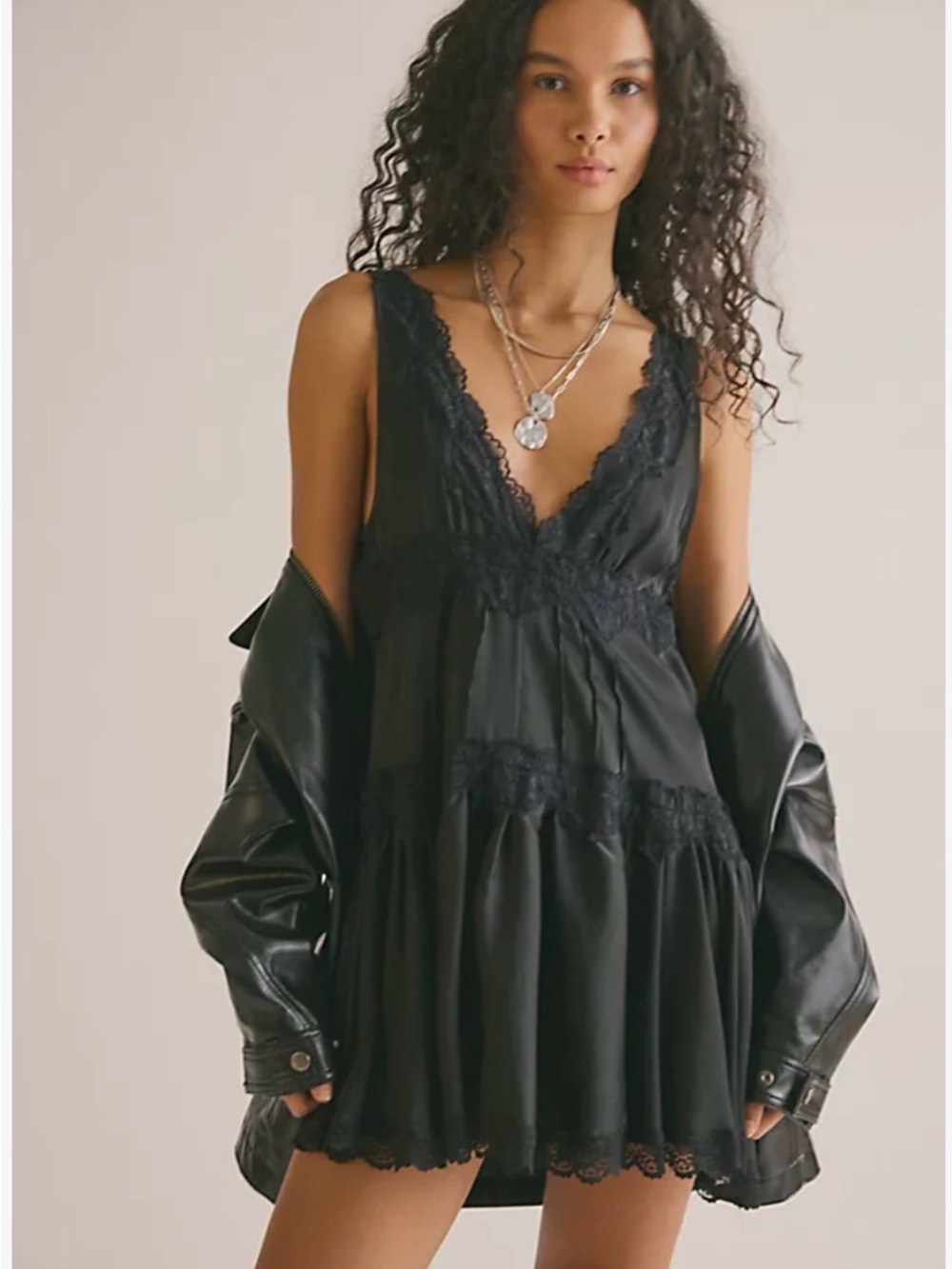 Free People babydoll Black Lace-Trim Satin mini Chemise dress